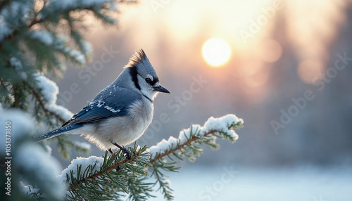 Side view of a cute Canada jay perched on a spruce branch, fluffy feathers dotted with snowflakes