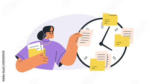 Time management concept. Business woman scheduling tasks. Work planning, workload organization and balancing priorities. Multitasking employee. Flat vector illustration isolated on white background