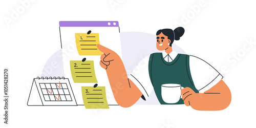 Task and time management with daily to-do list. Woman organizing business, work with calendar, checklist, sticky note. Effective planning concept. Flat vector illustration isolated on white background