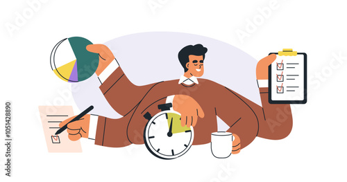 Multitasking work and time management concept. Business man coping with multiple tasks, workflow to meet deadlines. Efficiency and productivity. Flat vector illustration isolated on white background