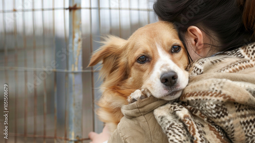 Dogs in cage with cheerful woman volunteer. Searching for adoption banner. Happy person taking pet to forever home adopt. Dog at the shelter. Animal shelter volunteer feeding the dogs. 