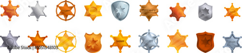 Sheriff badge icons set. Set of sheriff star badges in different shapes and metallic colors, representing law enforcement and authority