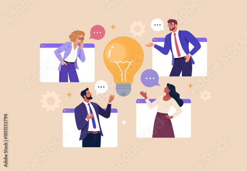 Online Business Discussion Concept. Vector illustration of diverse people in web windows discussing an idea. Isolated on background