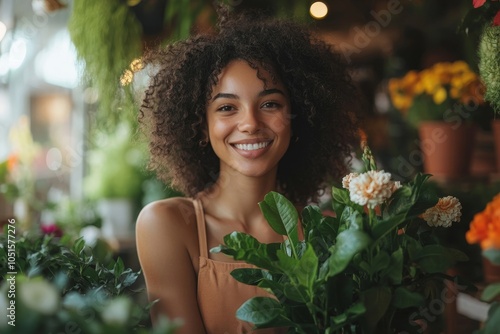 Cheerful flower arranger taking care of a plant in her shop, Generative AI