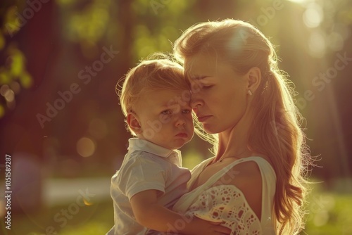 A woman holding a baby in her arms, motherly love