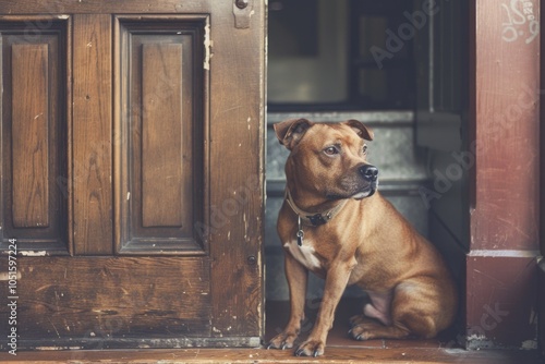 A brown dog sits patiently in front of a wooden door, ready to go inside