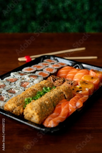 Delicious sushi assortment on a black tray.