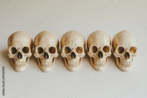 A collection of skulls arranged on a table, often used in decorative or symbolic contexts