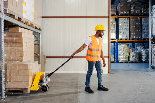 Diverse blue collar storage worker pulling pallet jack full of shipment and boxes at warehouse.