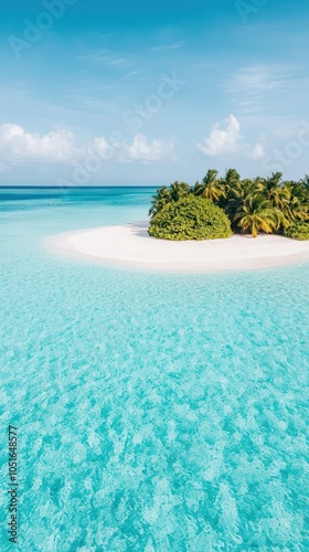 Tropical island surrounded by crystal clear turquoise water and white sandy beach under a bright blue sky.