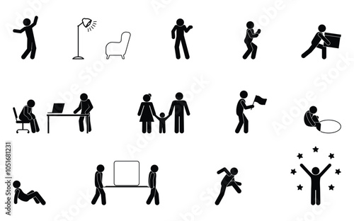 stick figure man icon, isolated stickman, people silhouettes, different situations, human gestures and poses