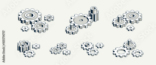 Invention renovation and development concept set, gears and cogs composition isometric 3D vector illustration, technology theme, machinery and engine creation.