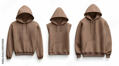 Hoodie Mockup - Three brown hoodies displayed in different styles and orientations.