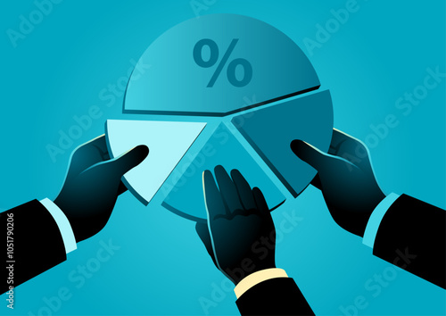 Three businessman hands each holding a piece of a circular chart, symbolizing shareholder equity, business partnerships, investment, corporate ownership, and collaboration