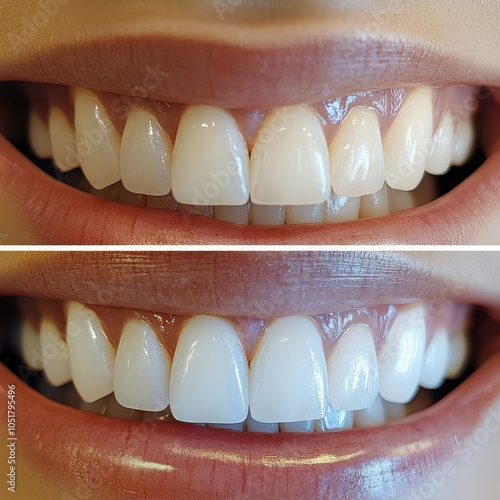 Smile transformation, closeup showing before and after teeth whitening, crooked and stained teeth to perfectly aligned and white, soft natural lighting