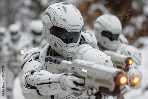 Amidst a snowy landscape, human-like androids unleash synchronized fire from their advanced weaponry, showcasing tactical skill and determination in a gripping firefight