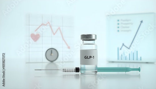 Vial labeled glp-1 with syringe, graphs showing health and growth trends.