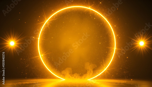 Golden or yellow magical fantasy portal. Round light frame, with fine dust particles, futuristic teleporter. Golden neon lights illuminate night scene with sparkles. Lighting effect. PNG isolated wi