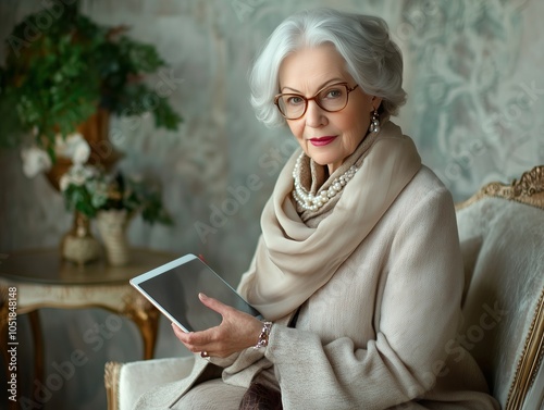 An elderly woman with a neat gray hairstyle is sitting holding a tablet. topics of old age, digital literacy and active life.An aristocratic old age. A businesswoman in negotiations, communication wit