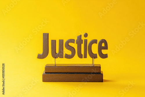 Wooden sign stating "justice" against bright yellow backdrop, simple yet powerful message conveyed.