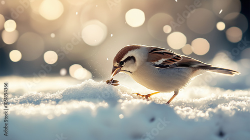 雪の中で餌を探すスズメ