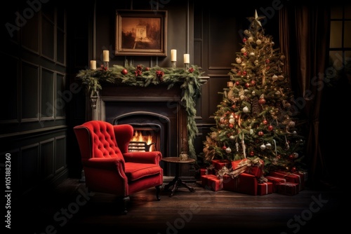 Christmas tree fireplace armchair red.