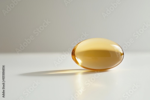 Close-up of a single omega-3 fish oil capsule isolated against a white background, symbolizing health and wellness. Ideal for themes related to supplements, nutrition, and healthcare.