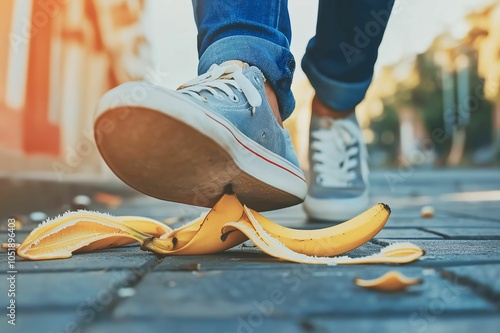 Close-up of a person stepping on a banana peel on the sidewalk, symbolizing unexpected accidents, risk, and humorous mishaps.