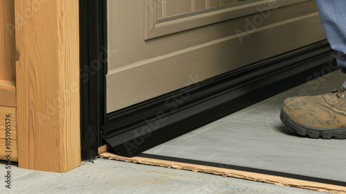 door sweep is being installed at bottom of exterior door, ensuring tight seal against drafts and moisture. This practical home improvement enhances energy efficiency and comfort