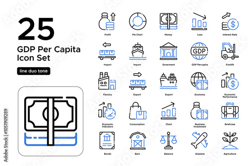 GDP Per Capita Line Duo Tone Icon Set: Wealth Distribution, Income Analysis, and Living Standards Icons