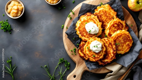 Crispy Placki Ziemniaczane Potato Pancakes with Sour Cream and Applesauce (Polish Cuisine)