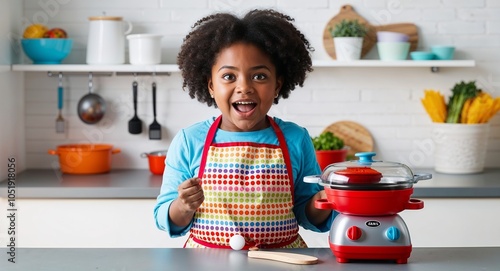 African girl pretending to be a chef with a toy kitchen excited expression colorful apron solid white background overweight kid