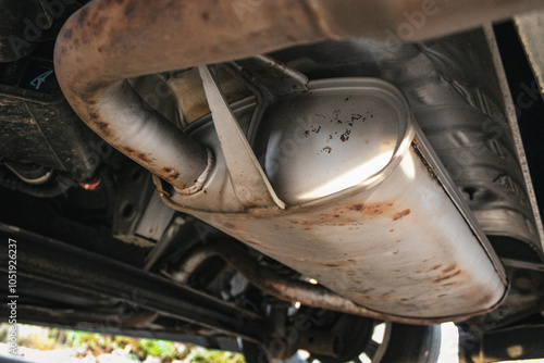 exhaust system close-up of car seen from below background