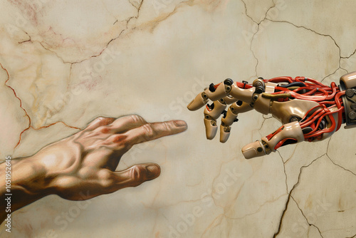 A cyborg finger touching a human finger, modern remake of The Creation of Adam. Technology meets humanity, biology vs technology. Machine learning, AI progress, big data, digital Interface