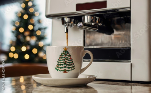 Coffee is pouring from a coffee machine into a white ceramic cup with Christmas tree painting. Christmas festive atmosphere and decorations in coffee shop