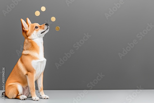 The Shiba Inu dog is surrounded by falling gold coins while he is happy