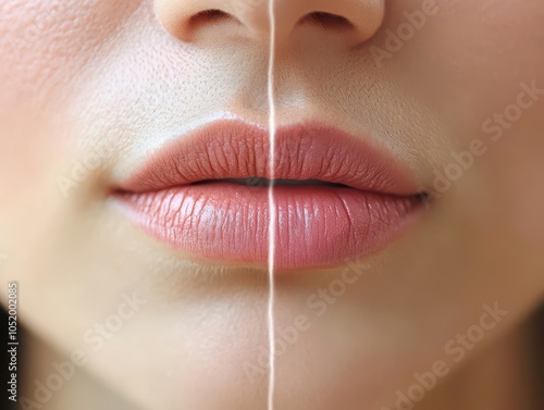 Closeup of a woman s lips, one side dry and lined, the other side plump and youthful, showing the effects of a rejuvenating lip balm