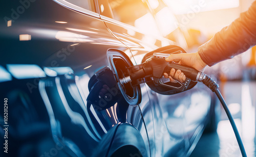 Refueling Car with Gas Pump at Station: A close-up of a person refueling a car with a gas pump, emphasizing the action of filling up the vehicle.