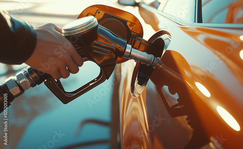 Refueling Car with Gas Pump at Station: A close-up of a person refueling a car with a gas pump, emphasizing the action of filling up the vehicle.