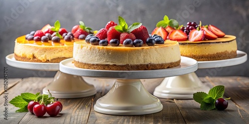 A trio of creamy cheesecake topped with a medley of ripe berries and a touch of fresh mint on elegant white cake stands, all arranged on a rustic wooden surface.