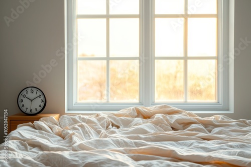 Sunlit Morning, A rumpled bed awaits, bathed in the warm glow of a new day, Peaceful and serene