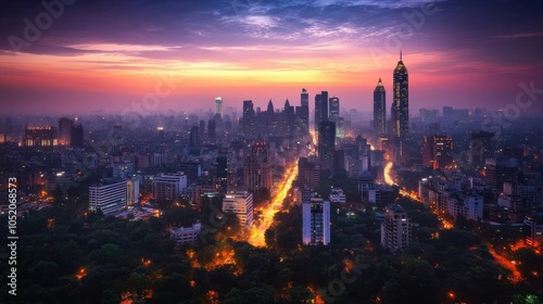 New Delhi Cityscape: Aerial View of Night Skyline and Urban Landscape in Central India