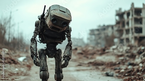 Standing tall with an old-world charm, a bulky bipedal robot imposes amidst city ruins, merging strength with a nostalgic essence of lost times.