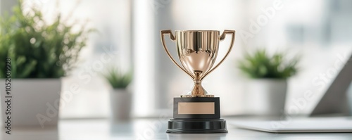 Closeup of a trophy labeled Startup of the Year on a sleek desk, AwardWinning Startup, recognition and business excellence