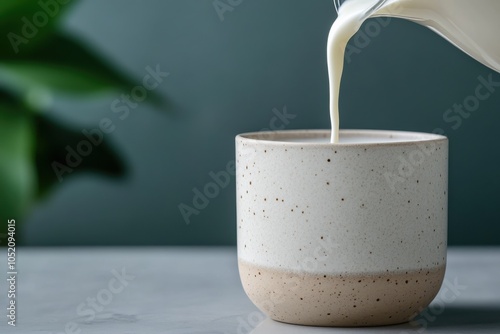 A visually appealing scene where fresh milk is poured into a stylish speckled ceramic cup, symbolizing simple elegance and artistic essence within everyday moments.