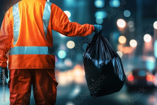 Sanitation worker holding a black garbage bag at night in an urban environment