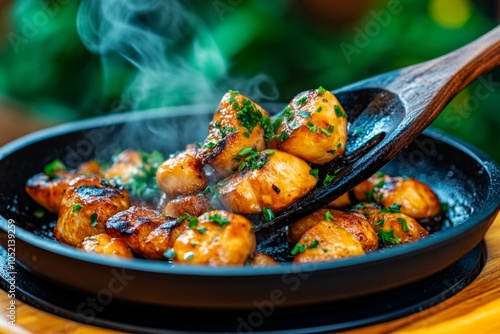 Mushrooms sautÃ©ing in a pan with garlic and herbs, steam rising and the texture of each mushroom cap visible