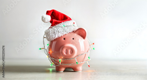 Festive Piggy Bank with Santa Hat and Holiday Lights for Christmas Savings Concept