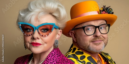 Dynamic Duo: A stylish portrait of flamboyant entertainers, a woman in teal cat-eye glasses and a man in a vibrant orange hat, exuding confidence and charisma. 