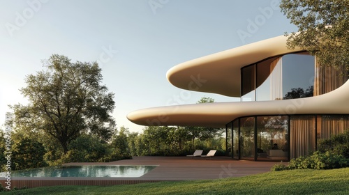 An ultramodern architectural design of a curved house with expansive glass walls is nestled in greenery, featuring a wooden deck and tranquil poolside setting.